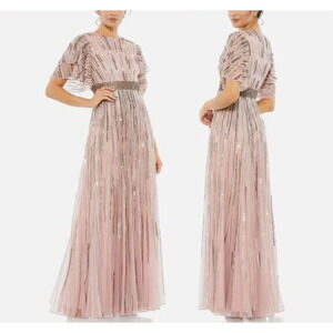 NWT Mac Duggal 93582 Beaded Flutter Sleeve Formal Evening Gown Rose Pink